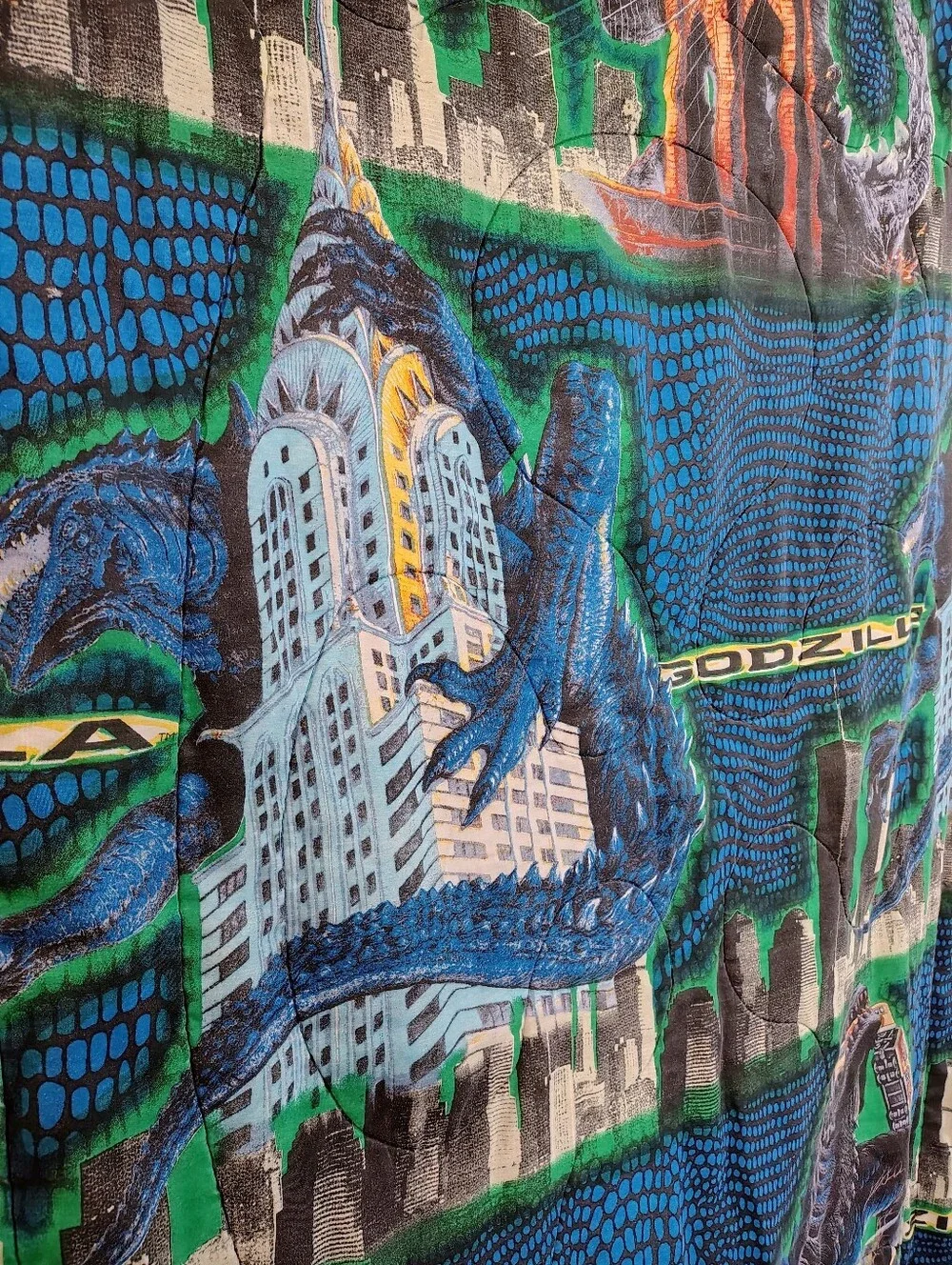 1998 Godzilla Movie  Blue Graphic Comforter Blanket Twin Size Vintage